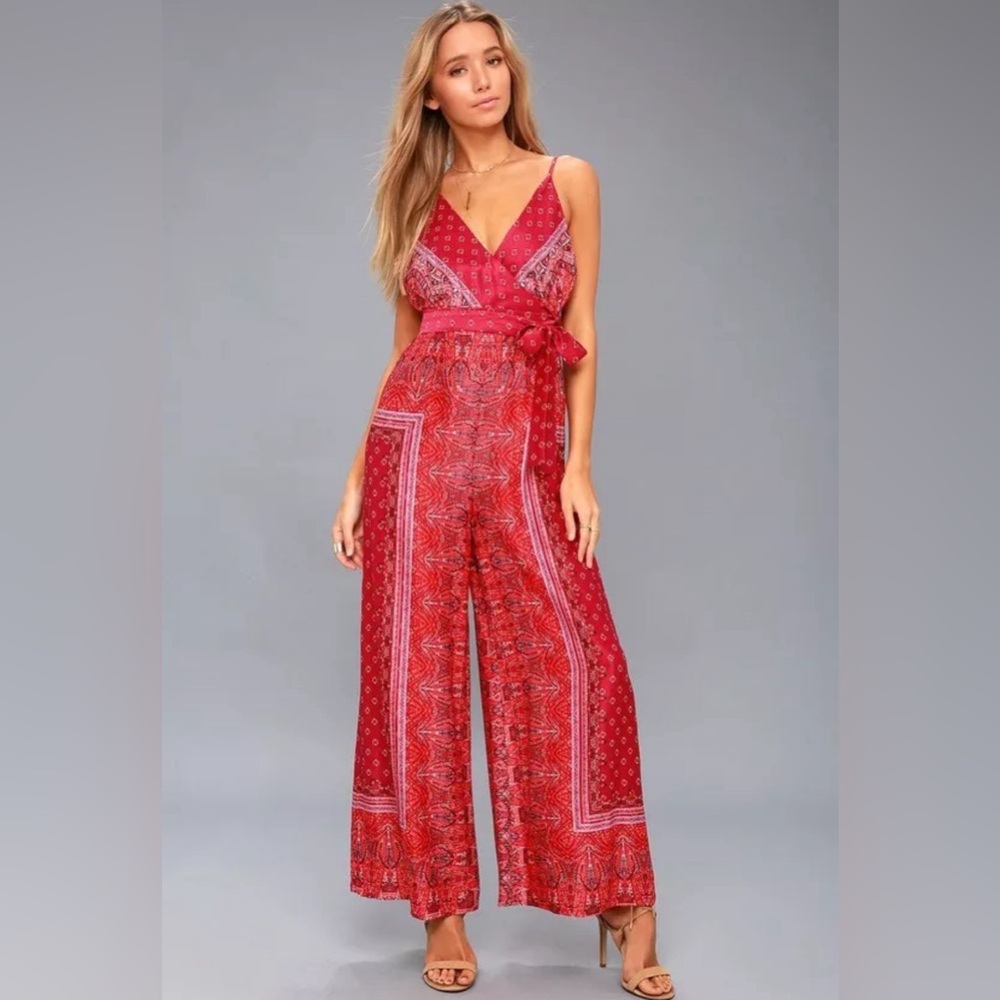 🌻Free People Cabbage Rose Spaghetti Strap Jumpsuit Pink Combo